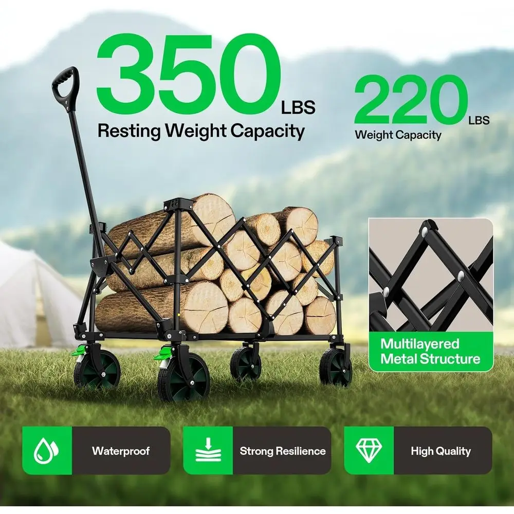 Folding Wagon 350lb Outdoor Utility Cart with Silent Wheels, Cup Holders, Side Pockets, Adjustable Handle for Camping, Gardening