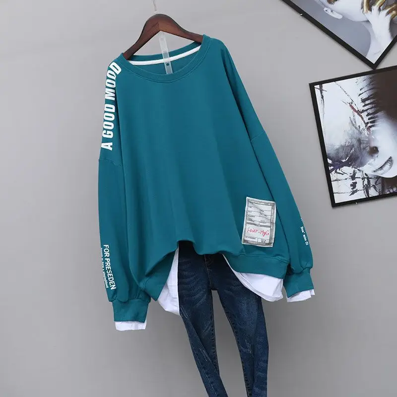 Spring and Autumn Women\'s Pullover Round Neck Letter Splice Fake Two Pieces Medium Length Loose Fashion Casual Long Sleeve Top