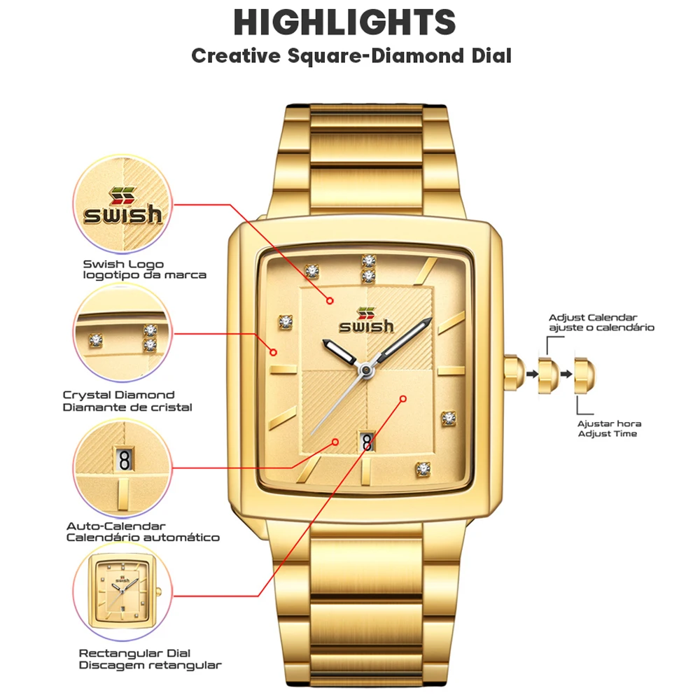 2023 New Square Watch Men with Business Luxury Stainless Steel Watches Gold Mens Quartz Wrist Watches Relogio Masculino