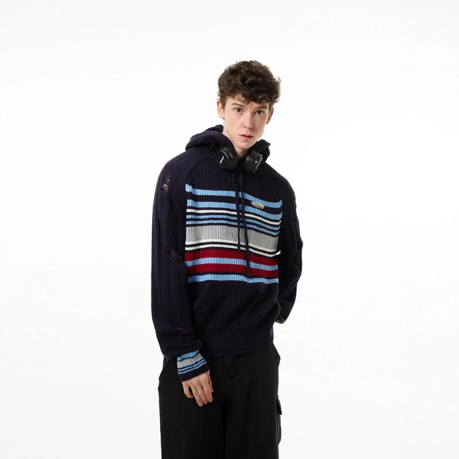 

Винтажный американский свитер-худи в стиле кэжуал, вязаный, осенне-зимний, в полоску, с цветовыми блоками, с длинными рукавами, мужской