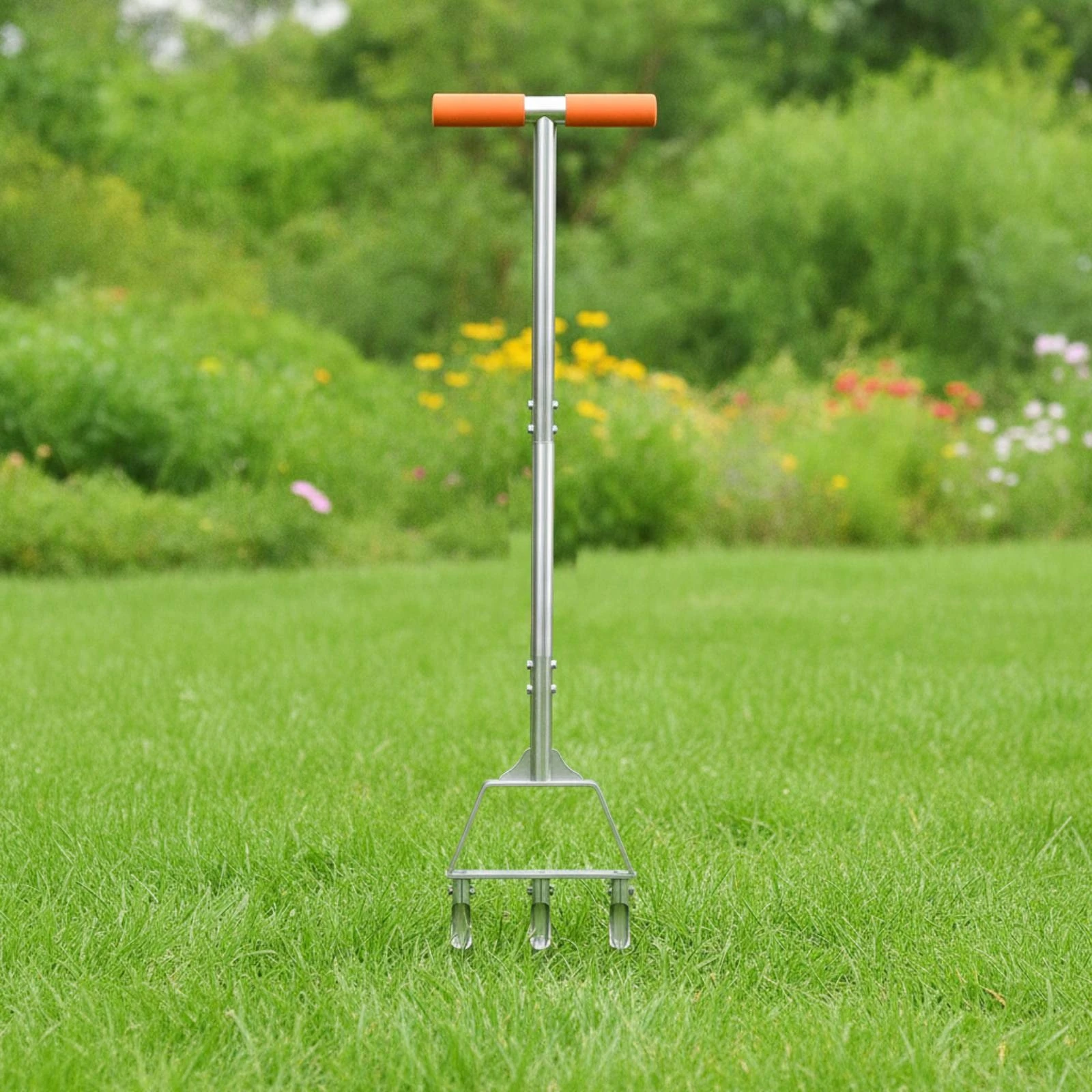 Lawn Aerator with 3 Hollow Tines Rust-Resistant Manual Lawn Aerator Soil Core Sampler with T-Handle Sturdy Tool Cushioned Grips