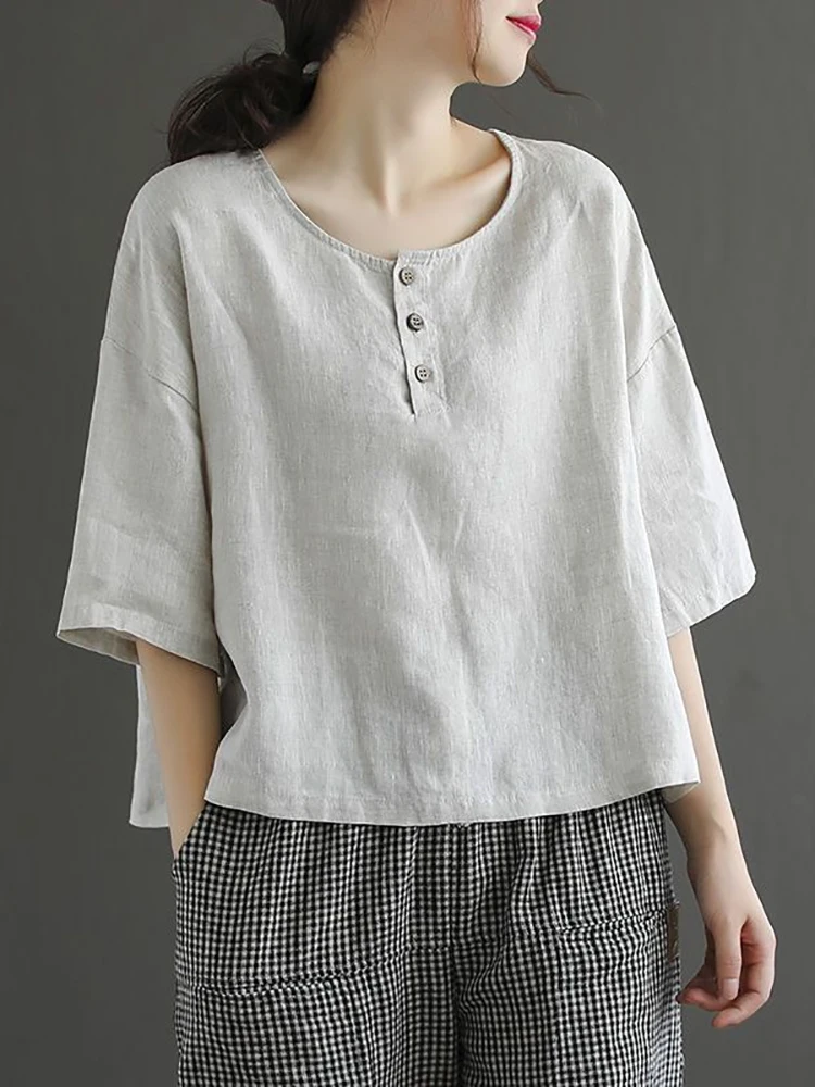 

Loose Cotton Linen ort Sve round Ne Breathable Casual Top New Chinese Sle Summer T-irt Women's Comfortable irt