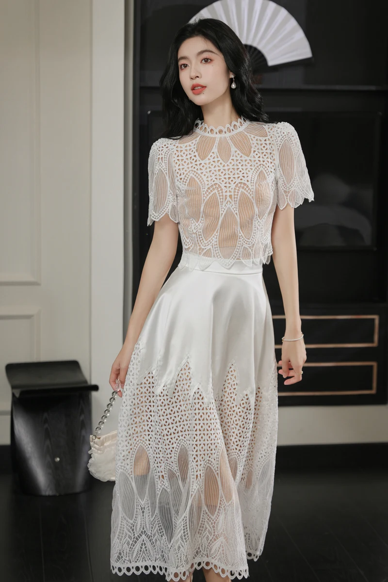 High Quality Lace Patchwork Jacquard Dress Women Vintage Temperament  Ruffles Slim Short Sleeve Summer Dress Vestidos De Mujer