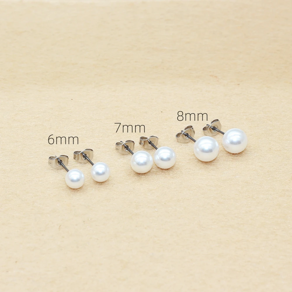 1pair Needls With ABS White Pearls 6 7 8mm Stud Earrings No Fade Allergy Free Brief Style For Men And Women