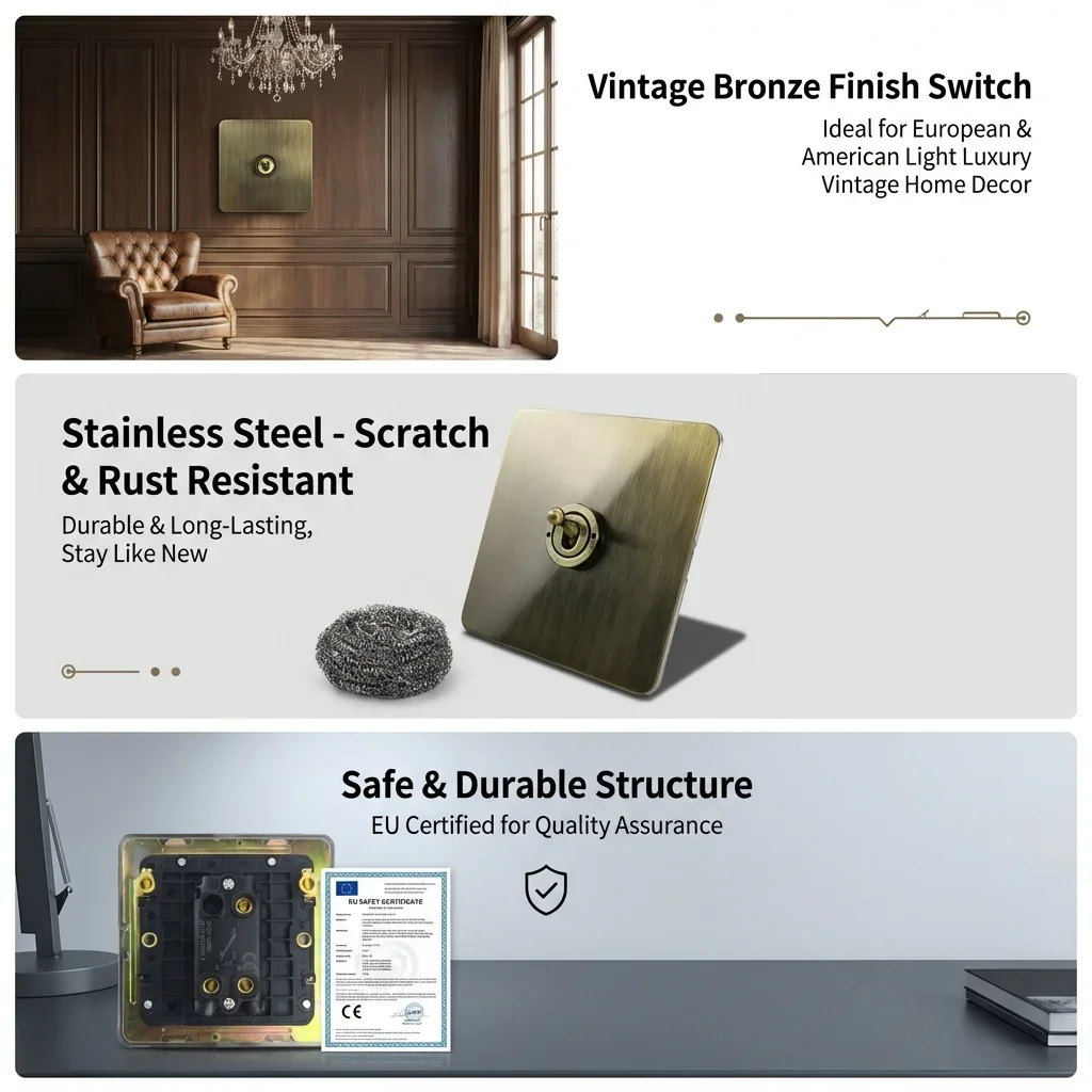 Antique Bronze Steel Plate Wall Light Switch Retro Toggle Switch, 2 Way Dimmer 1-4 Gang, EU Standard Socket