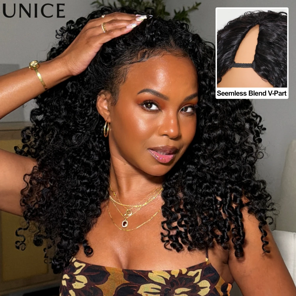 Perruque UNice bouclée birmane en V avec cordon de serrage, perruques en cheveux humains à clipser, densité 180 %, sans colle, minimaliste, pour une tenue discrète