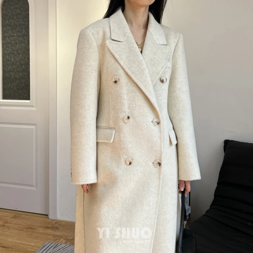 Marke Hohe Qualität Off White Doppelseitige 100% Wolle Mantel Frauen Gerade Anzug Kragen Medium Lange Winter Verdicken Woolen Mantel