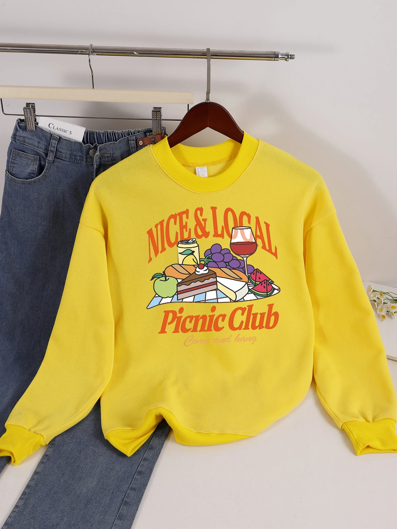 

Nice Local Picnic Club Print Women Sweatshirt Fleece Soft Pullovers Autumn Crewneck Y2K Sportswear Multicolor Casual Clothes