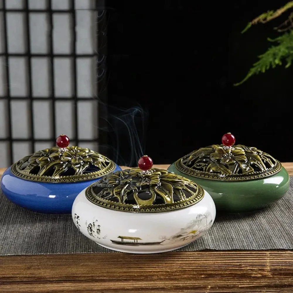 

Creative Large Incense Burner Ice Crack Ceramic Incense Plate with Metal Lid Antique Alloy Aroma Censer Home Decoration