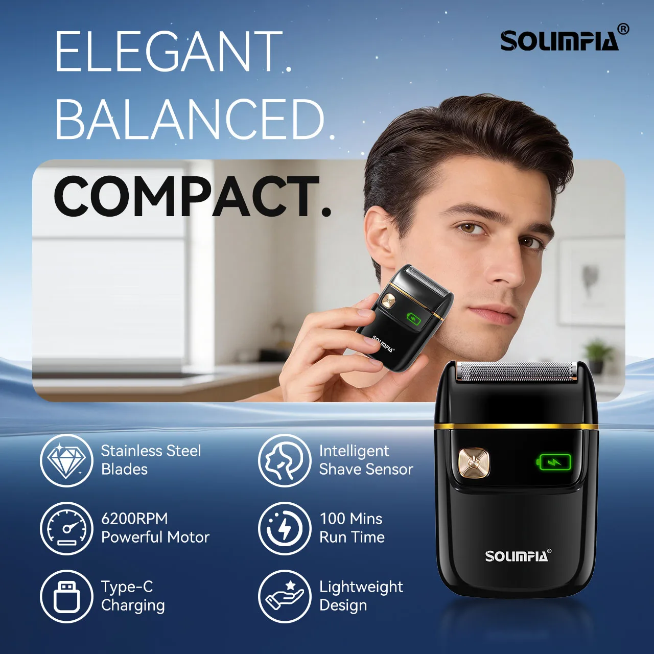 Solimpia Portable Mini Electric Shaver for Men Single-Head Reciprocating Smart Digital Display Beard Razor 6200 RPM Rechargeable