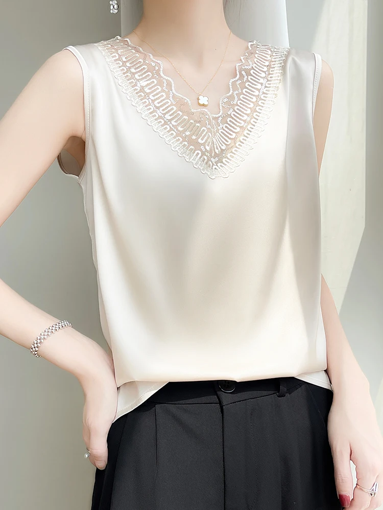 Artificial Silk Satin Lace Tank Top Thin Smooth Summer Women Bow-tie Lace Camis Silky Feel Cool Sleeveless T-shir CN Size 12426t