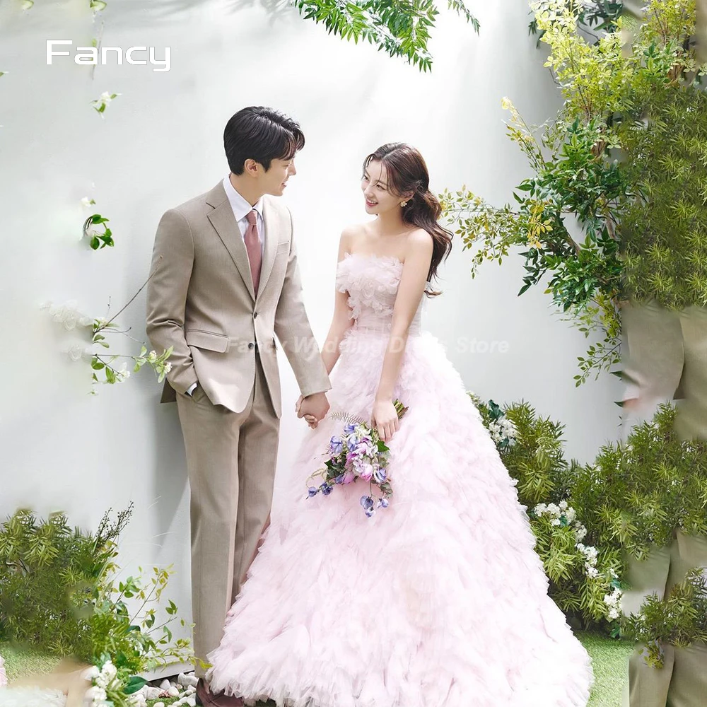 Fancy Baby Pink Ball Gown Wedding Dress Korea Photo Shoot A Line Strapless Bridal Gown 3d Flower Sleeveless Bridal Dresses 웨딩드레스