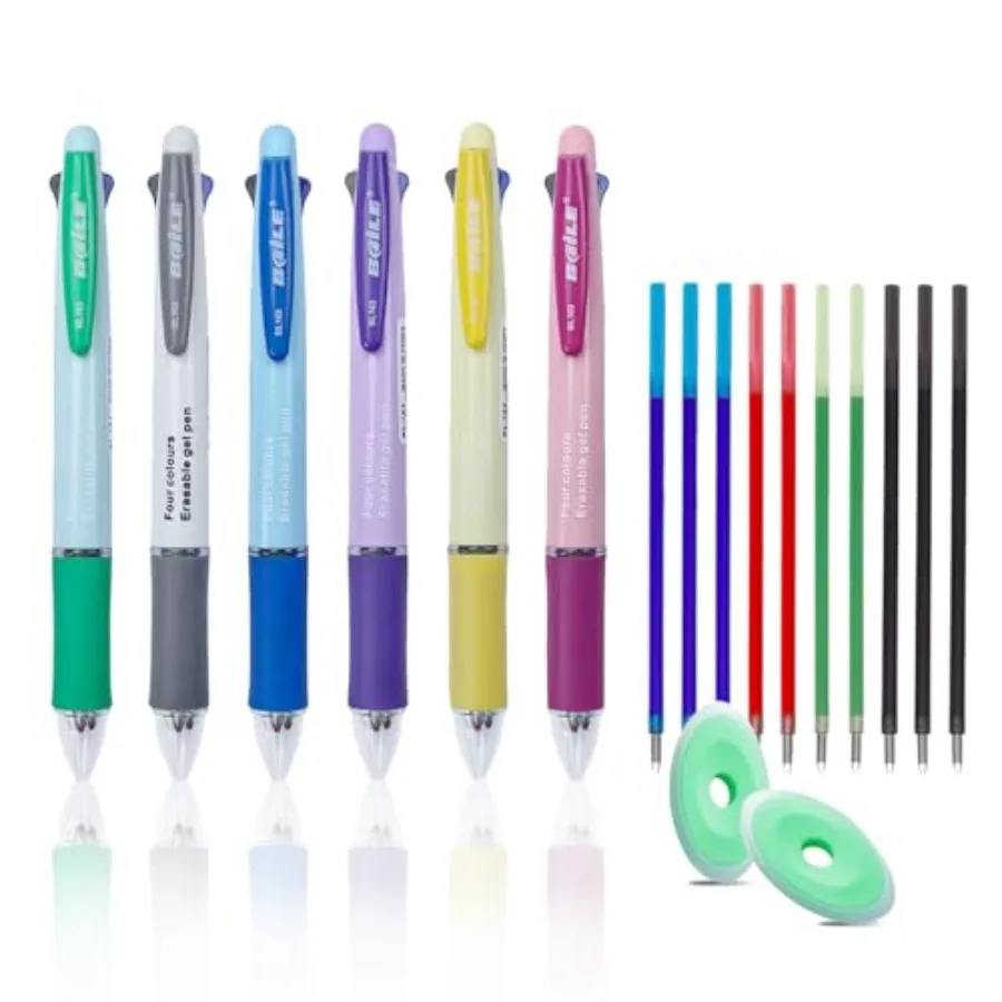 

6 Pcs 4 in 1 MultiColoured Ballpoint Pen Erasable Pens 0.5mm 4 Colou Retractable Ball Point Pen Mult Ink Pens with 10 Refills a