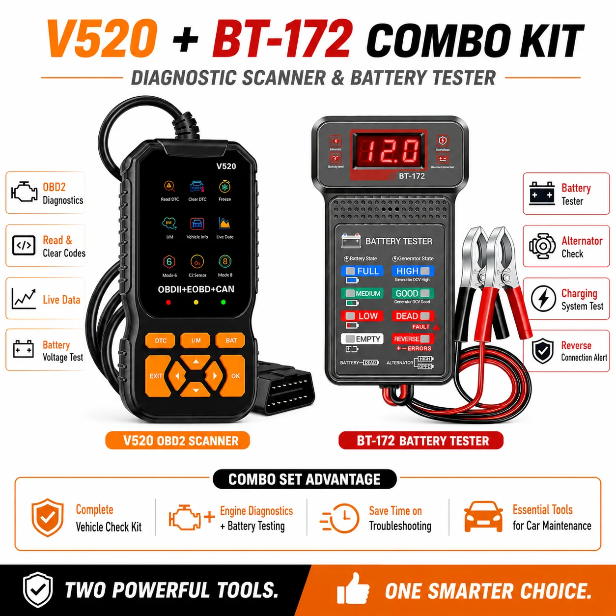 Professional V520 OBD2 Diagnostic Scanner + BT172 Automotive Battery Tester Kit Read Clear DTC Fault Codes Live Data Stream Car