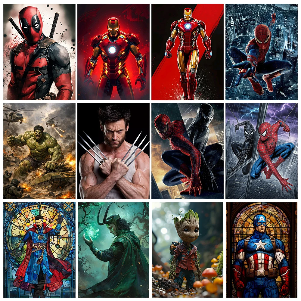 Canvas Painting Popular Movie Character 5D Diamond Painting Spider Iron T-Thor DIY Diamond Embroidery Pixel Style Room Home W
