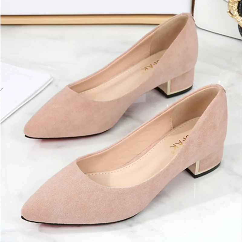 Women Square Heels Pumps Pointy Toe Null Slip-On Grey Low Cutter Shoes Kid Suede Elegant Comfortable 34-43 26cm Luxury Designer