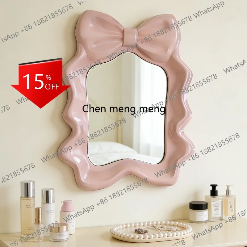 R134 Girl's heart pink bow bathroom mirror wall-mounted vanity mirror bathroom cream wind special-shaped mirror