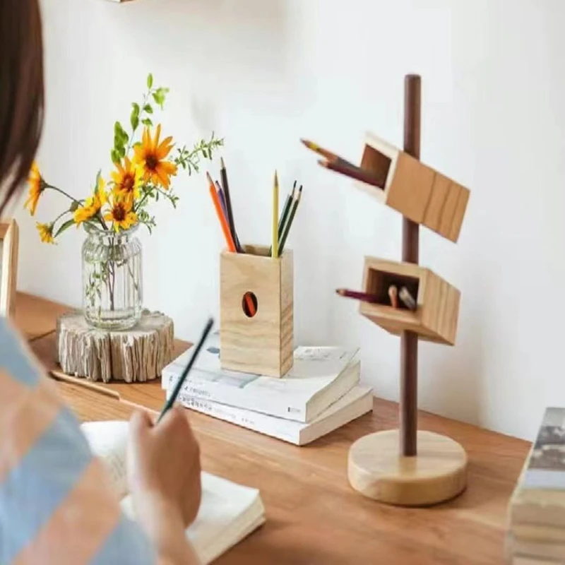 

Nordic Style Wooden Pen Holder Detachable Desk Storage Rack Makeup Brush Oblique Insertion Pen Holder Office Stationery Supplies