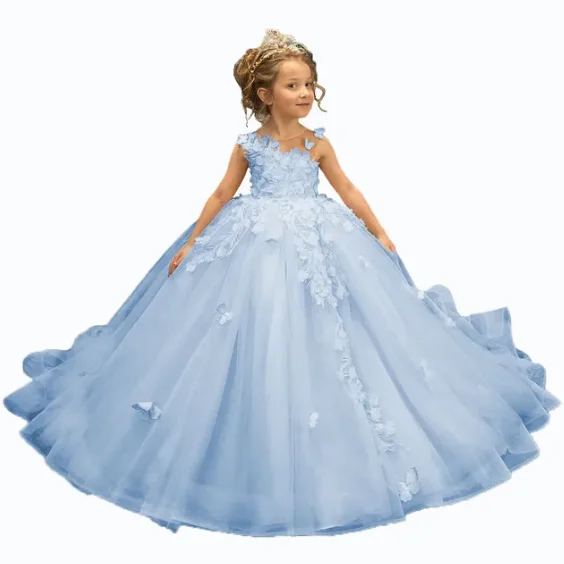 

New Princess 3D Appliques Flower Girl Dresses for Weddings Ruffled Tulle Pageant First Communion Party Gowns