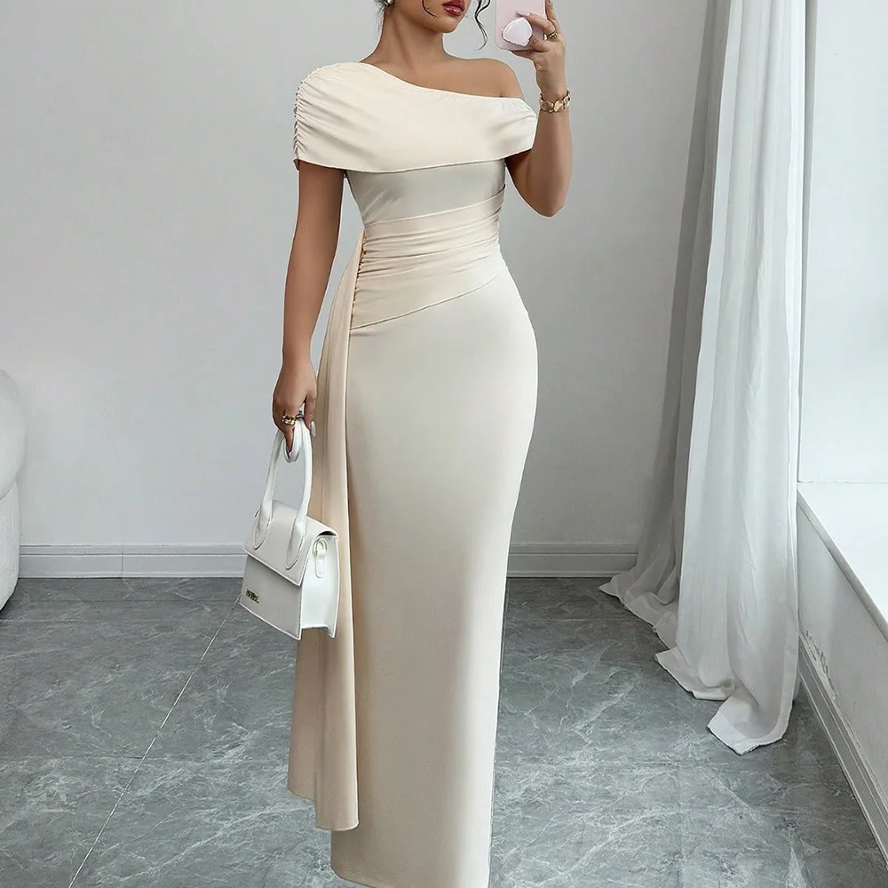 

Women's Dress 2026 Summer New Fashionable Elegant Solid Color Slant Collar Waist Slimming Dress Women's Wear