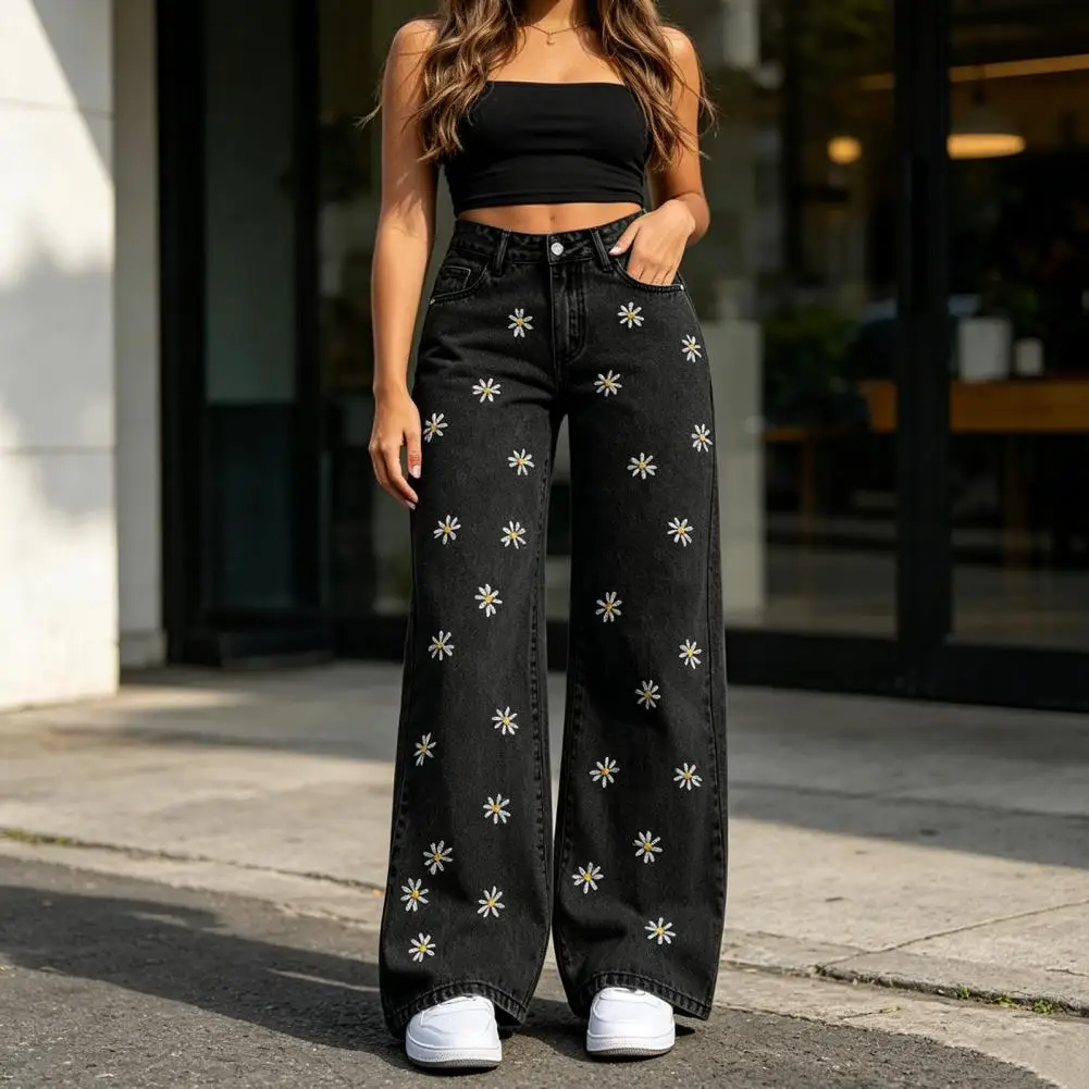 Damen-Jeans Lässige Herbst-Jeans Mädchen-Jeans mit Schleife und Kirschdruck Weite Beine Mittlere Taille Denim-Hosen Lässige Streetwear mit Reißverschluss