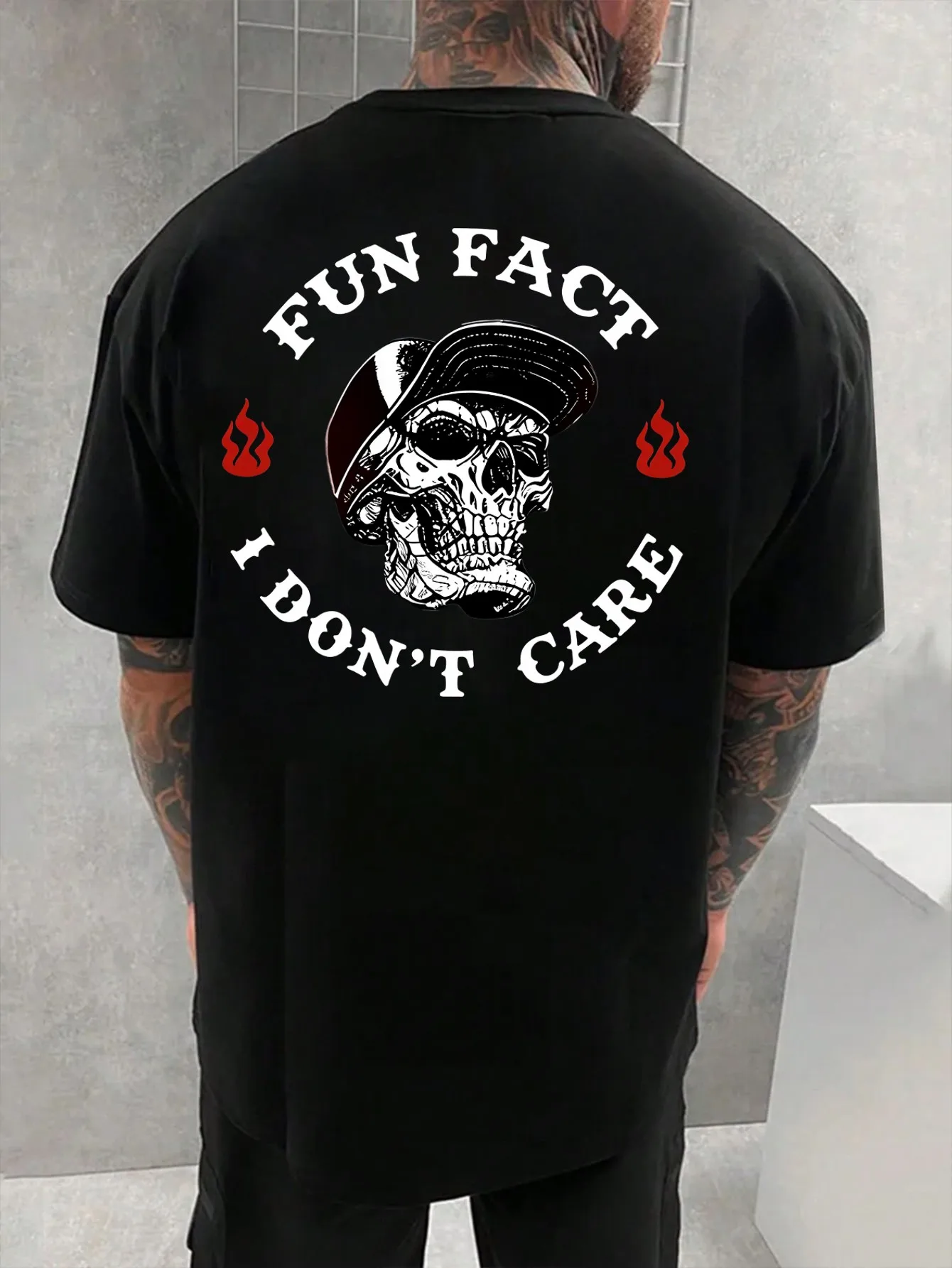 Skull Graphic Black Plus Size T-Shirt with Bold 'FUN FACT' and 'I DON'T CARE' Text - Eye-Catching Flames Design for Casual Streetwear, Unique Fashion Statement Tee - Great Gift for Alternative St, PLUS SIZE