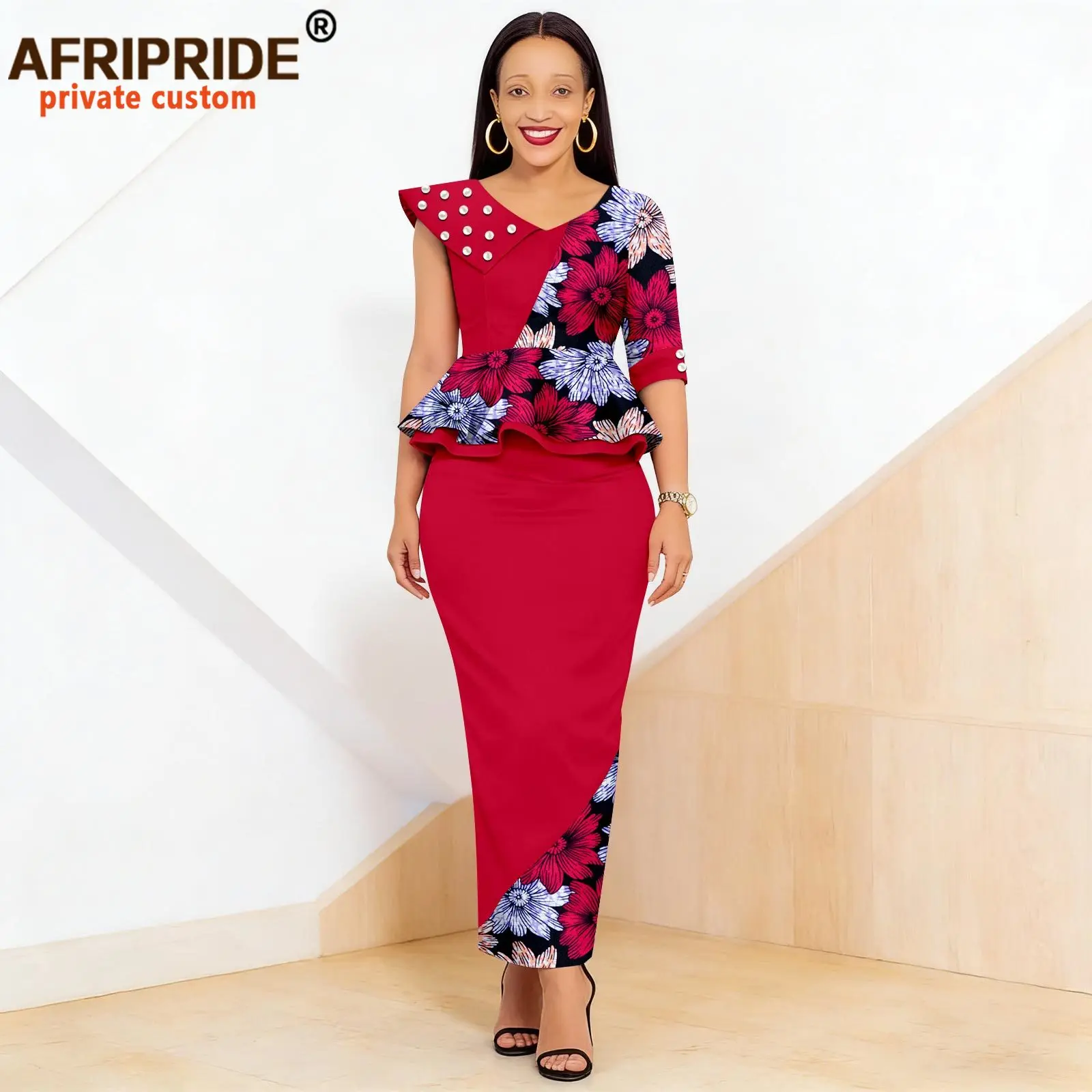 African Clothes for Women One Shoulder V-neck Pearl Button Shirt and Midi Skirts 2 Piece Set Print Outfits Ankara Attire 2626024