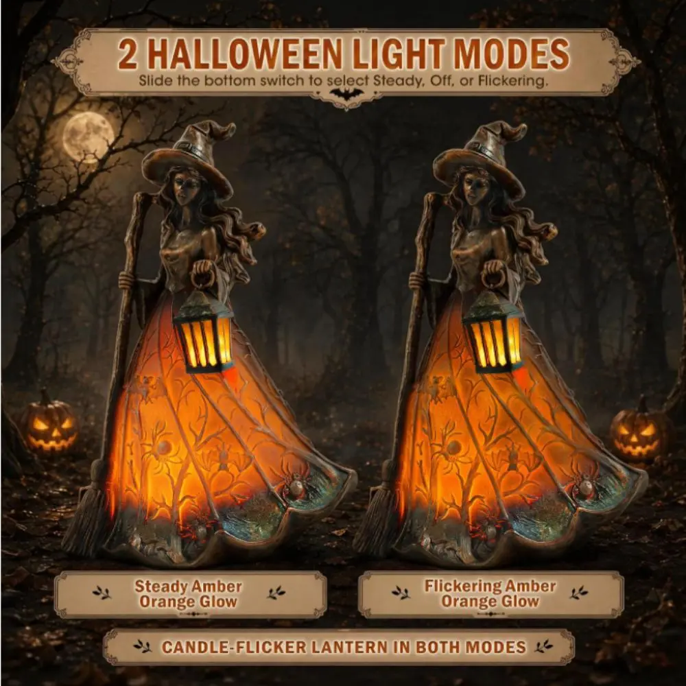 18cm Halloween Witch Lamp Scary Holding Lantern Broomstick Witch Statues Unique Festive Atmosphere Halloween Witch Ornament