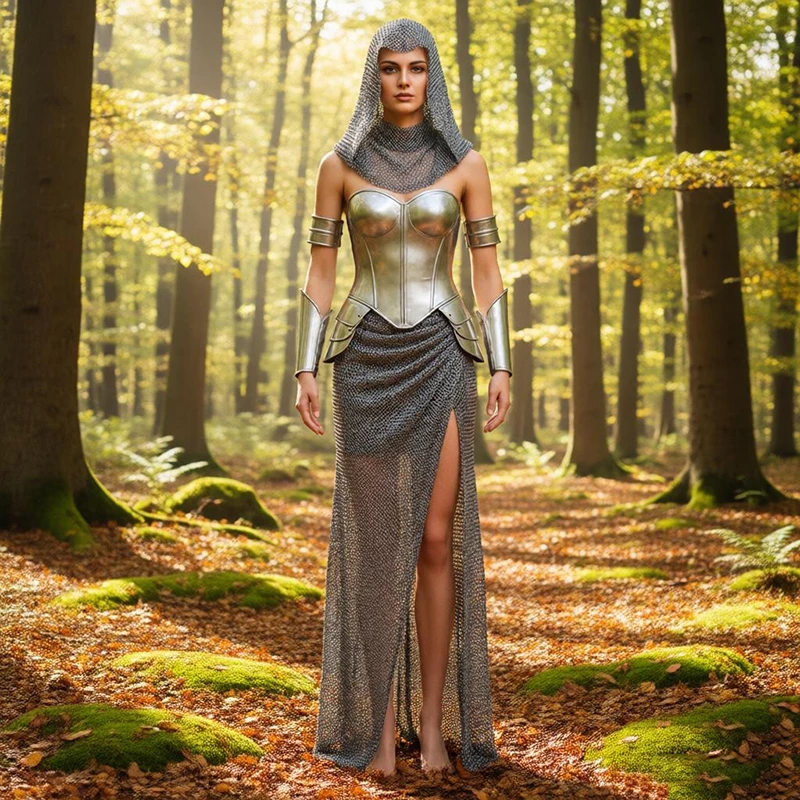 Women Medieval Knight Warrior Costume Silver Skirt Top Headband Bracelet Halloween Renaissance Princess Disguise Cosplay Suit
