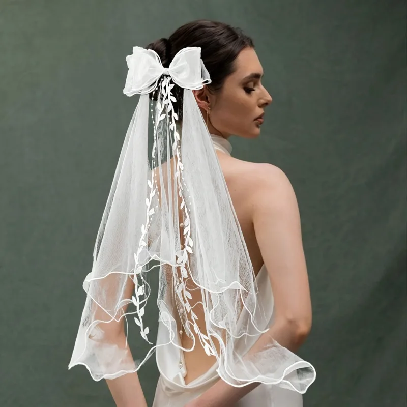 

Женская двухслойная фата с кисточками и листьями, белая длинная кружевная фата с большим бантом-бабочкой, свадебная фата, аксессуары