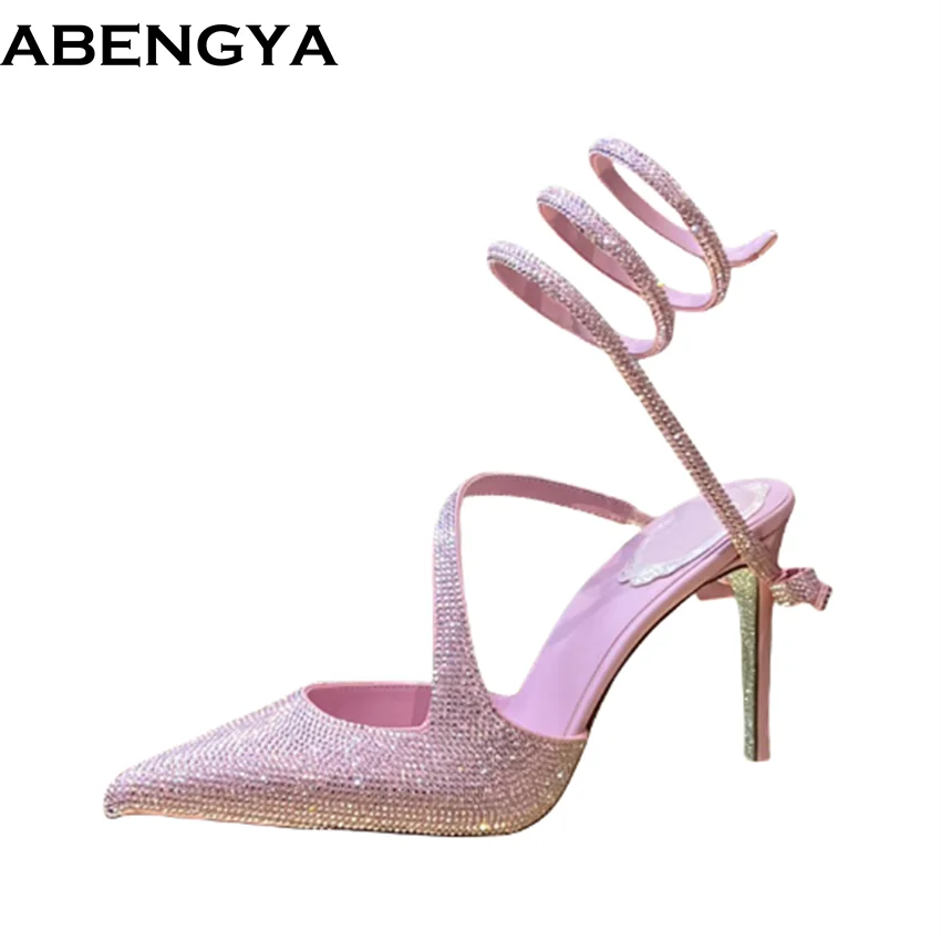 

New Crystal Butterfly-knot Sandals Woman High Heels Snake Twine Around Ankle Strap Summer Shoes Pointed Toe Pumps Sandals Women