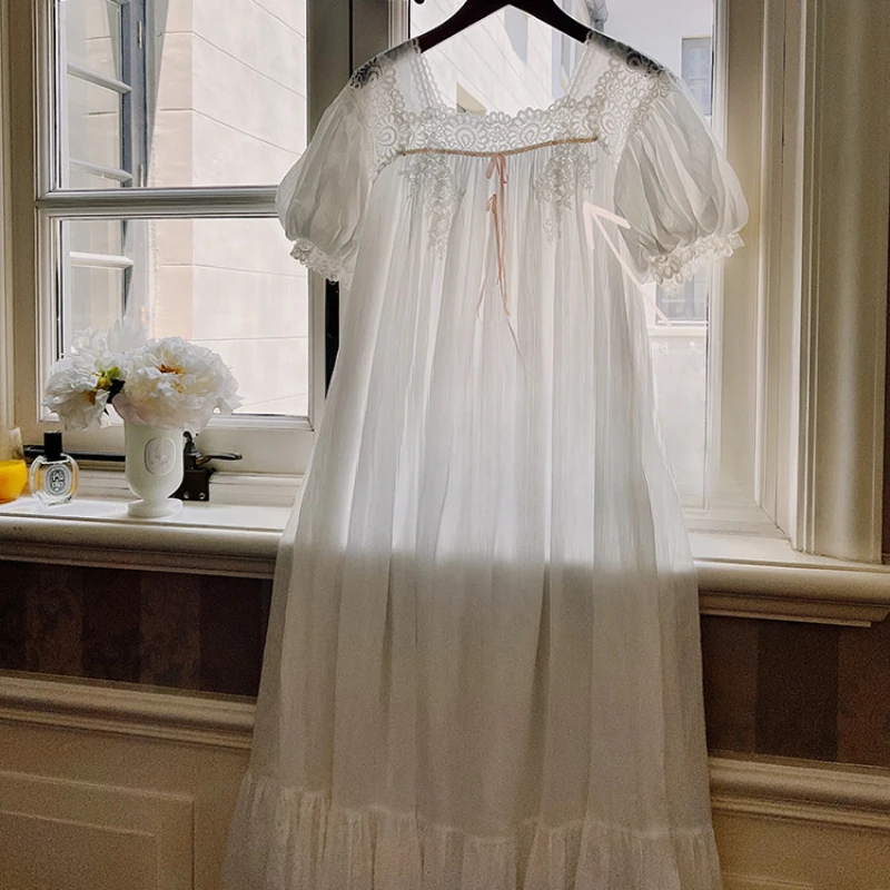 Summer Vintage Pure Cotton Night Dress Women Sweet Short Sleeve Nightdress White Long Nightgown Princess Sleepwear Nightwear