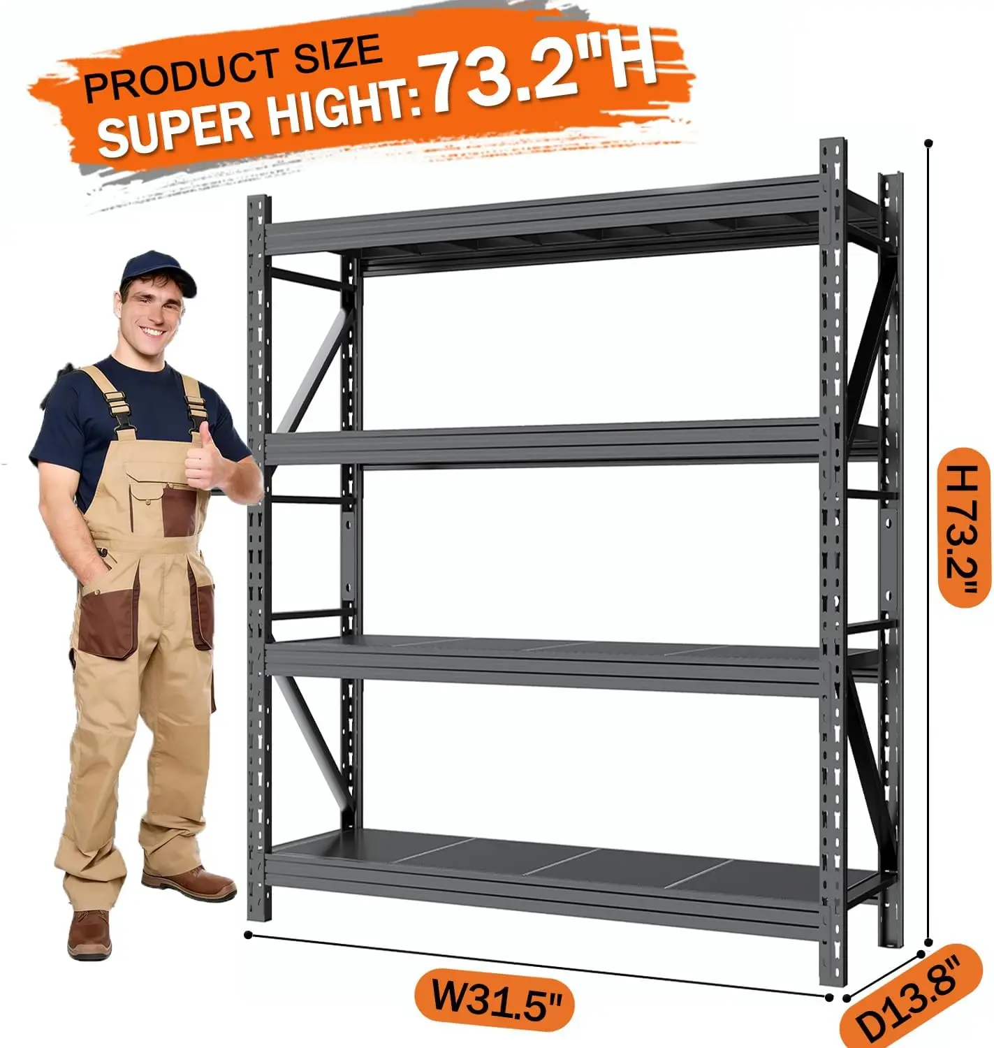 Heavy Duty Storage Shelves, 4 Tier Adjustable Industrial Shelving Units with Reinforced Steel Frame, Anti-Wobble Diagonal Braces, Powder Coated Rust-Resistant Finish for Warehouse Workshop Basement
