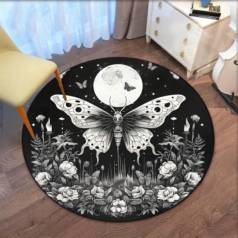Moon Butterfly Gothic Round Rug Night Garden Floral Insect Art Black White Boho Home Decor Anti Slip Floor Mat