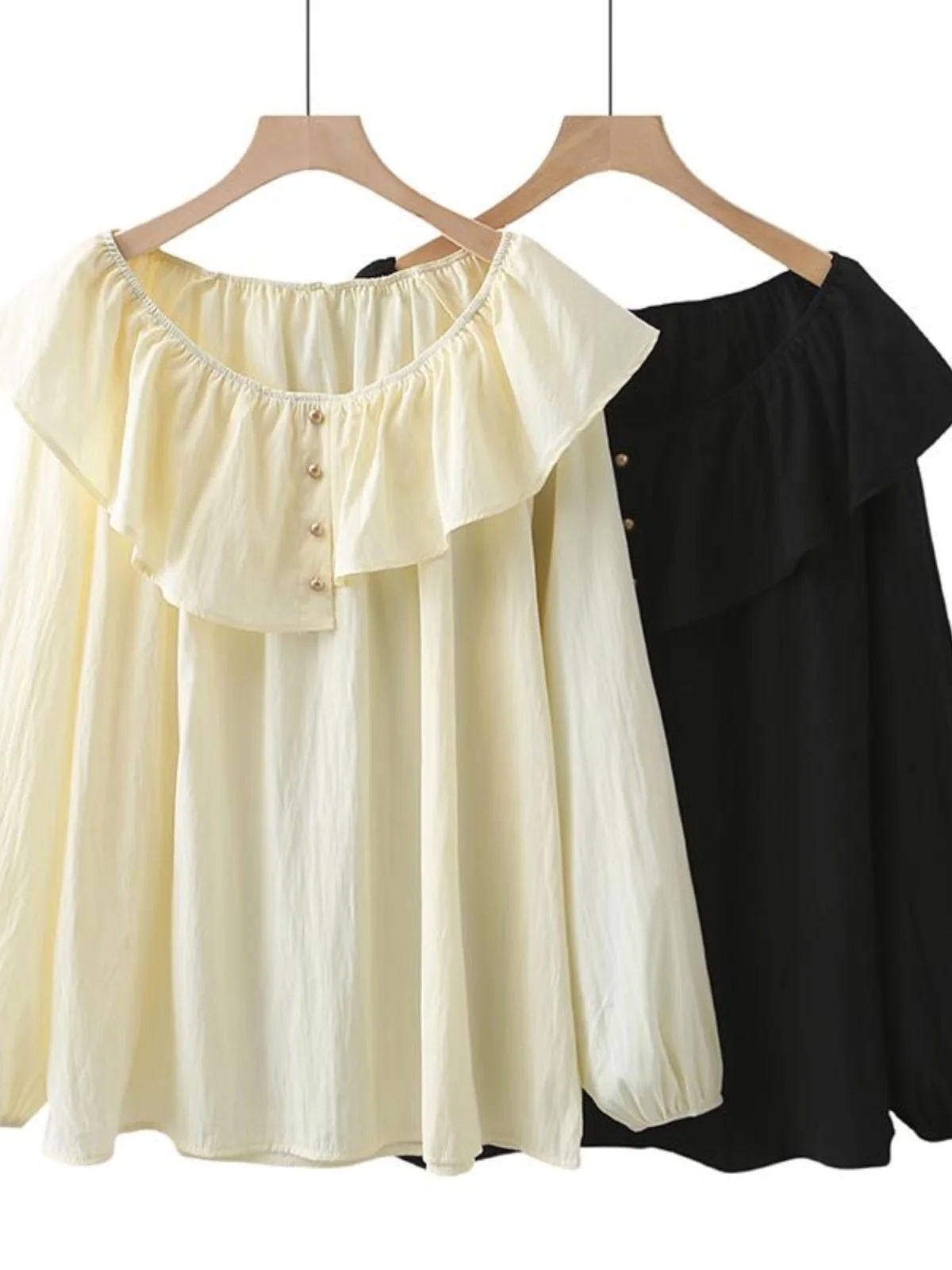 Spring Autumn Loose Women's Shirt Large Size Bubble Sleeve round Neck Long Sleeve Cover Belly Top Korean Style Casual Fashion