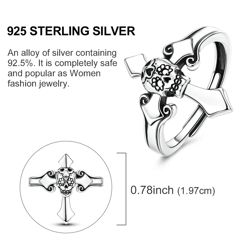 Original 925 Sterling  Silver Open Ring Adjustable Size Cross Skull Ring For Women Men Jewelry Gift