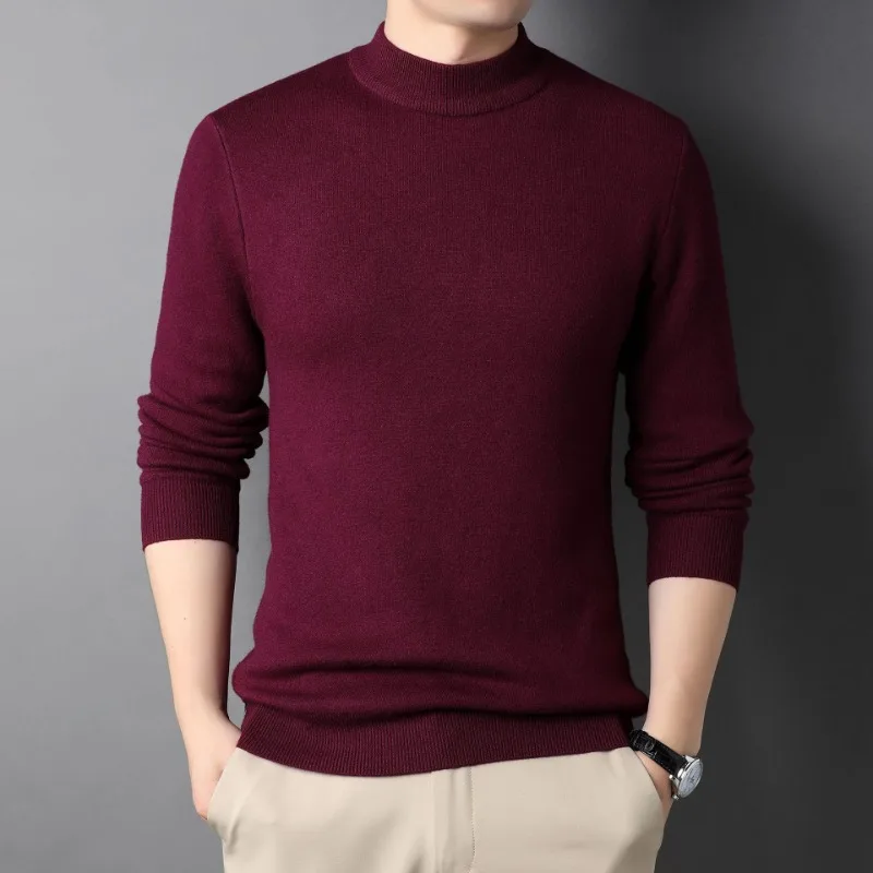 New Autumn Men\'s Half High Neck Sweater Knitted Pullover Underlay Knitted Fashion Slim Fit Solid Elastic Pullover Men\'s