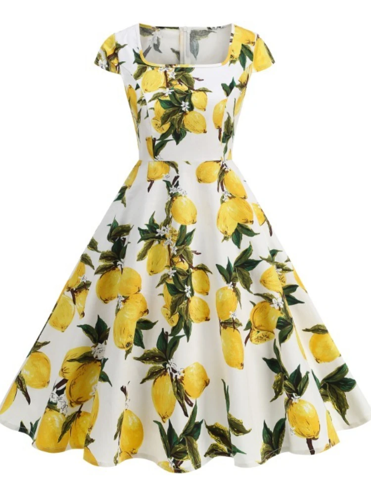 

2025 New Vintage 1950s 60s Women Dress Casual Square Neck Cap Sleeve High Waist Lemon Floral Print Summer Dresses Women Clothing