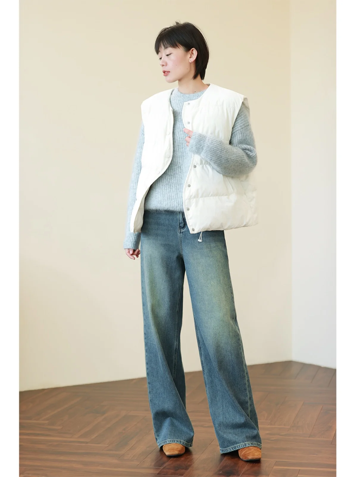 Loose Lazy Sle Wool Camere Fog Blue round Ne Pullover Sweater Women's Thi Knitted Winter New Arrival Commute Sle