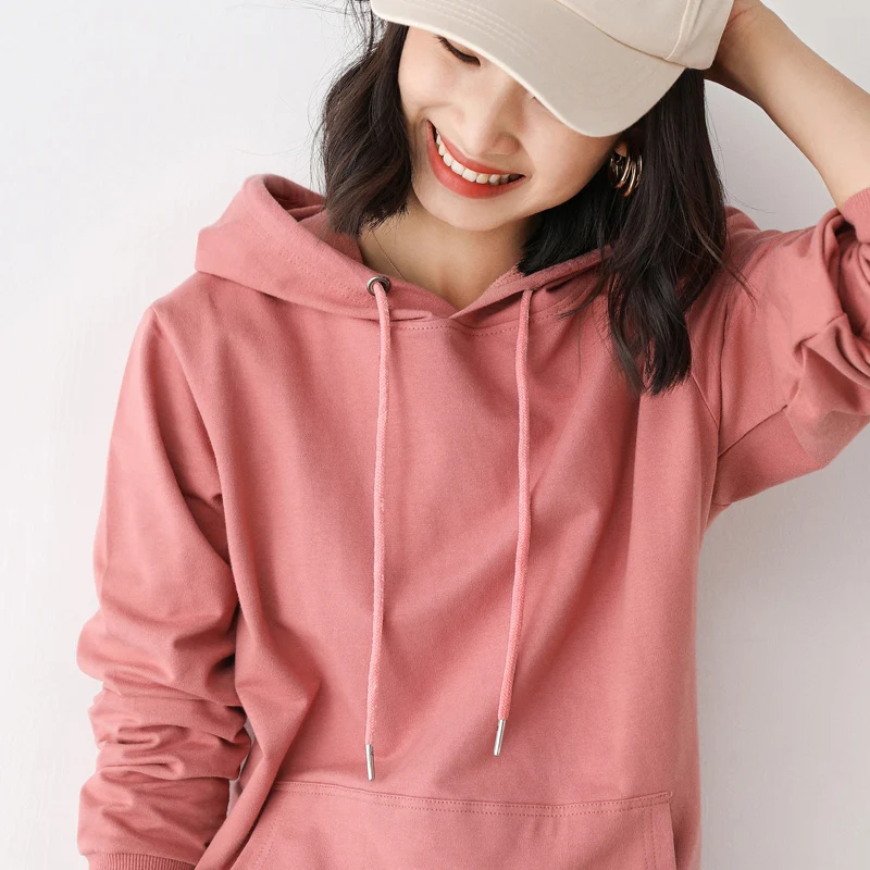 Pure Cotton Hoodie Women's Long Sleeve Overhead Knitwear Spring Autumn Casual Sports Loose  Color Outerwear