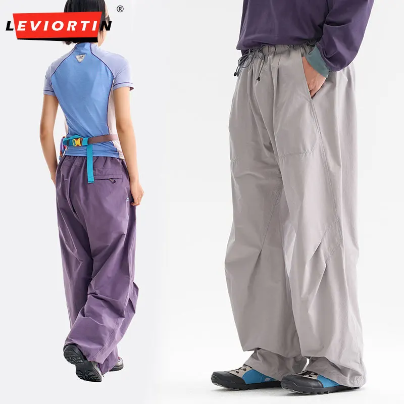 Men's Lightweight Parachute Pants Straight Leg Loose Fit Cargo Joggers with 3D Tailoring Dopamine Color Outdoor Hiking Trousers