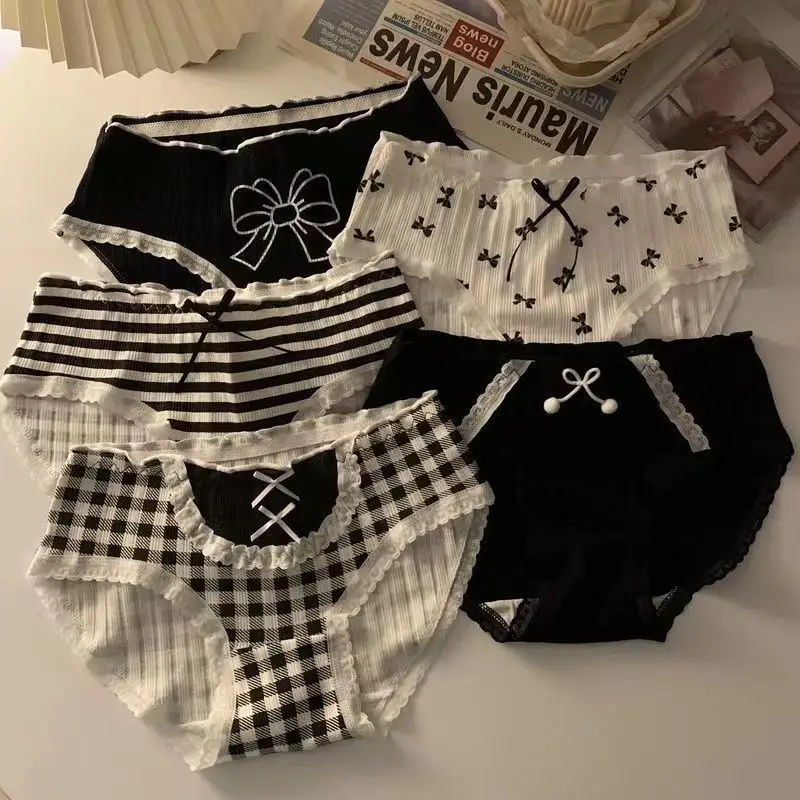 5 Pcs Female Underwear for Women Lace Plaid Panties Korean Mid Rise Pack Set Lingerie Schoolgirl 2024 Cute Bow Summer Briefs New