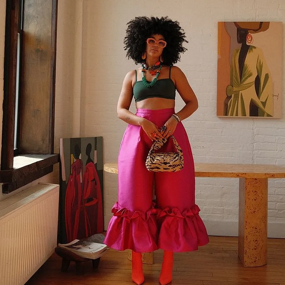 Брюки длиной до щиколотки, фуксия, высокая атласная талия, свободные брюки-прозраки, широкие джинсы без верха, черная нижняя часть для девочек Брюки длиной до щиколотки, фуксия, высокая атласная талия, свободные брюки-прозраки, широкие джинсы без верха, черная нижняя часть для девочек