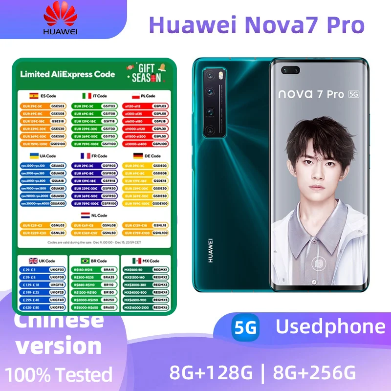 HuaWei Nova 7 Pro 5G SmartPhone Kirin 985 8GB RAM 128GB 256GB ROM 4000mAh 64.0MP Main Camera NFC Original Used Phone