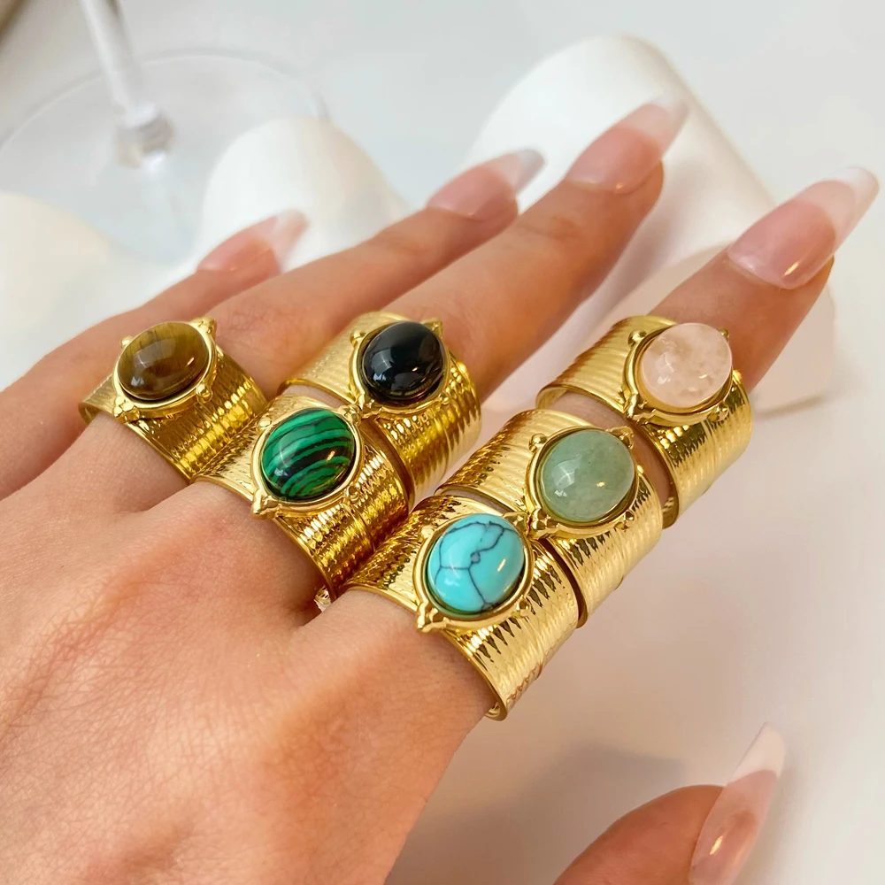 Vintage Natural Stone Geometric Gold Plated Stainless Steel Ring Trendy Fashion Ring Jewelry