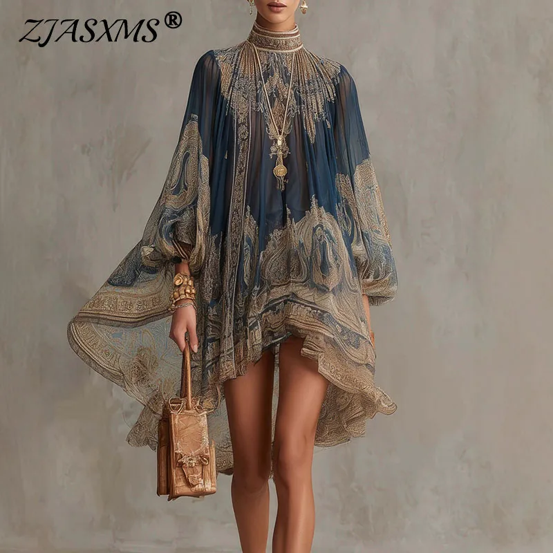 2026 Sommer Damen Boho-Kleid Sexy Hochgeschlossenes Puffärmel-Kleid mit Vintage-Print Locker Sitzendes Minikleid Modisches Asymmetrisches Saum-Urlaubskleid