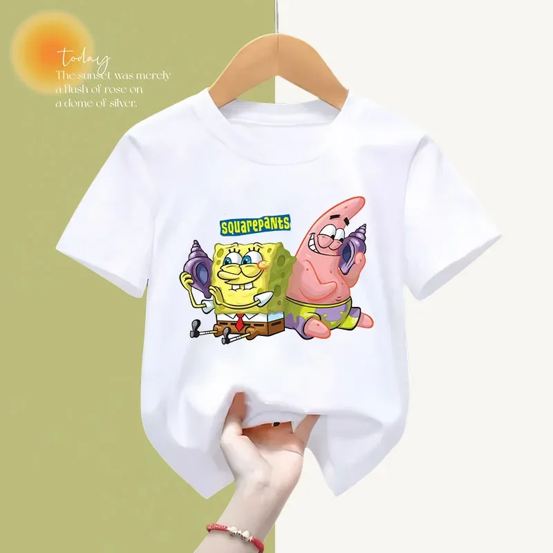 Spongebob moda letnia bawełniana koszulka dziecięca odzież Cartoon bluza z krótkim rękawem chłopcy dziewczynki top Kawaii