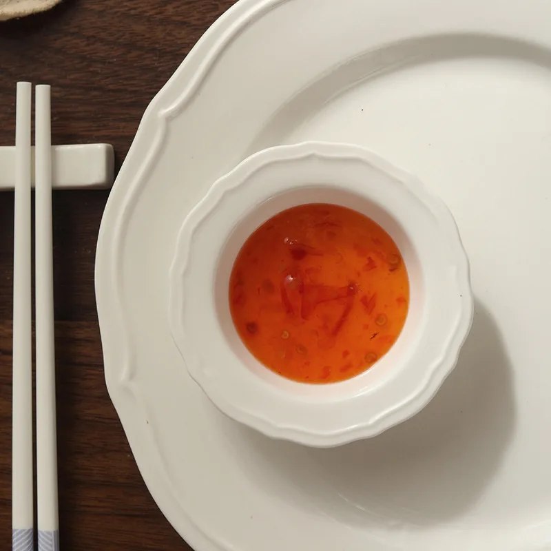 Pure White Embossed Ceramic Dipping Plates, Small Sauce Dishes for Home Kitchen, Hot Pot Dipping, Soy Sauce Vinegar & Pickles