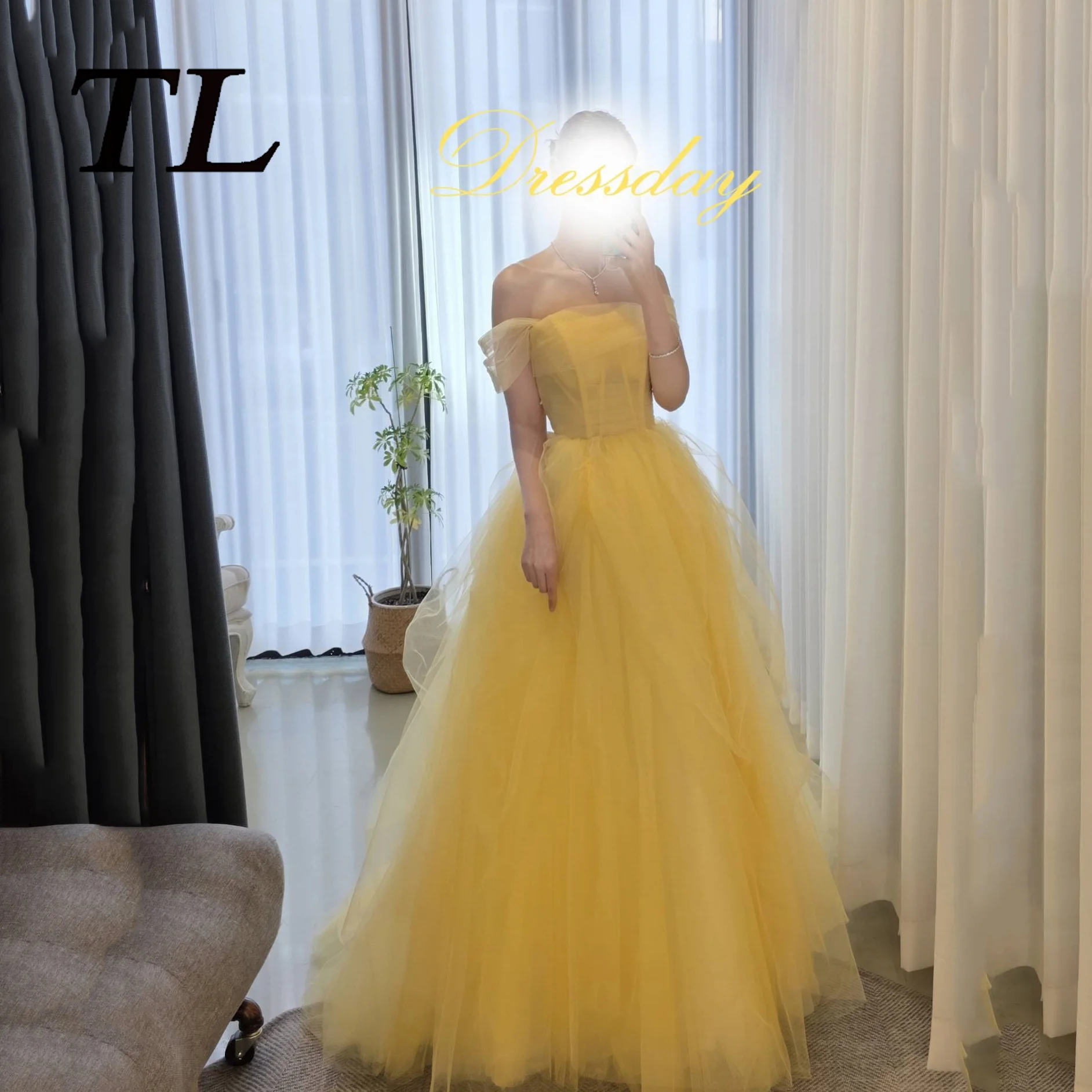 TL Customized 2027 Elegant Yellow Tulle Prom Dress Off Shoulder Cap Sleeves Tiered A-Line Evening Party Dress Custom Made