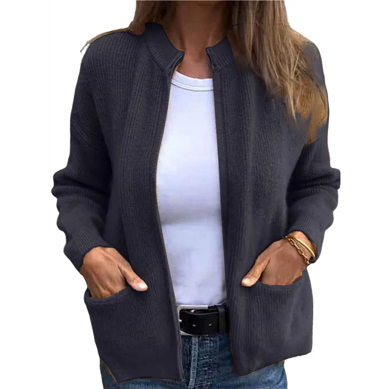 

LNHF Women's Zip Up Knit Cardigan Long Sleeve Stand Collar Sweater Outwear Coat With Pockets